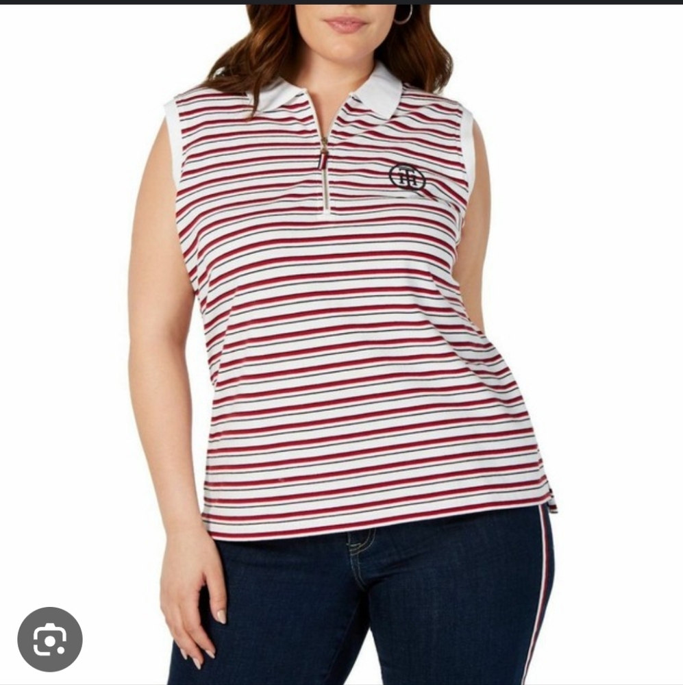 Tommy hilfiger striped 1/4 Zip sleeveless Embroidered Logo shirt